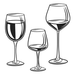 Three wine glasses with different shapes and levels of wine