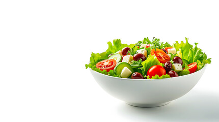 Fresh salad with tomatoes and cucumbers on white background