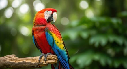 Obraz premium Vibrant Scarlet Macaw Perched on Branch, Lush Green Bokeh Background, Exotic Bird Portrait