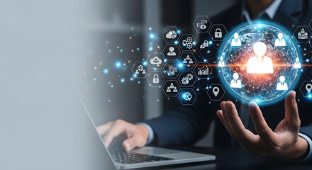Businessman using a laptop with a digital sphere displaying interconnected icons representing networking, communication, and data, symbolizing technology and connectivity.