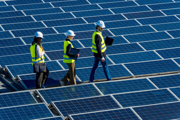 Engineers inspecting solar panels on a renewable energy facility © unai