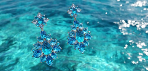 Luxury earring design floating weightless in turquoise sea with light diffusion