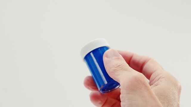 Close-up framing of hand holding and turning a blue acrylic tempera container