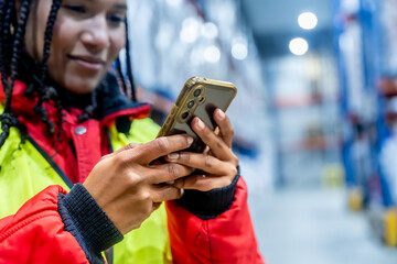 Logistics worker using phone in cold storage warehouse
