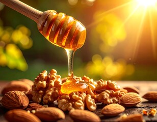 Golden honey drizzling onto walnuts and almonds, sunlight shines
