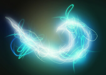 光り輝く青い光の軌跡がダイナミックなエネルギーの波を形成する抽象的な背景