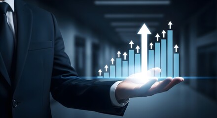A businessman in a suit presents a glowing bar graph with an upward trending arrow, symbolizing growth and success.