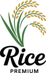 Golden rice ears with green leaves symbolizing harvest and agriculture