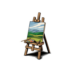 Easel with an unfinished landscape painting