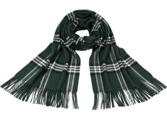 Green plaid winter scarf with white and gray stripes and soft fringes on a transparent background, PNG image, PNG file