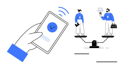 Hand holding smartphone with checkmark, wireless signal, two balanced individuals holding briefcase and lightbulb. Ideal for teamwork, equality, innovation, decision making, technology, work-life