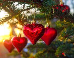 Heart-shaped ornaments suspended from a Christmas tree branch