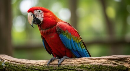 Obraz premium Vibrant Scarlet Macaw Perched on Mossy Branch, Lush Green Backdrop