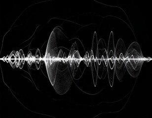 Abstract sound wave graphic, white lines on black background