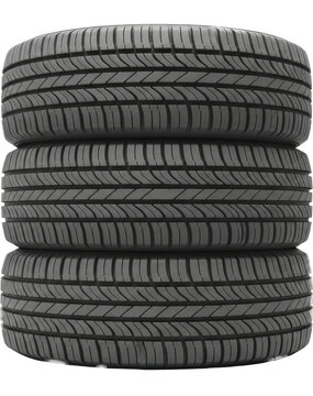 Three stacked vehicle tires with visible tread on a transparent background, PNG image