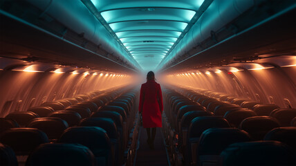Fototapeta premium 機内アイルを歩く旅人の情景描写