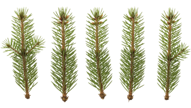 Fresh green pine tree branches with new needles and budding tips on a transparent background PNG file