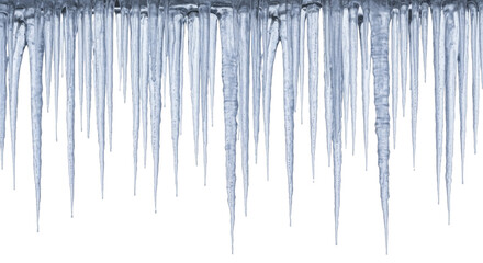 Many frosty icicles hanging, frozen winter ice formations on a transparent background, PNG image, PNG file