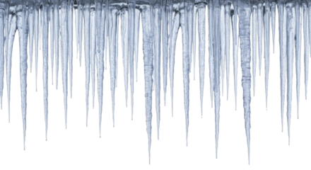 Many frosty icicles hanging, frozen winter ice formations on a transparent background, PNG image, PNG file