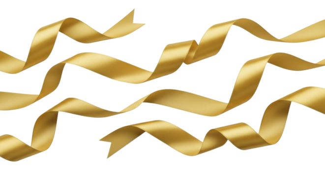  Luxurious shimmering gold satin streamers on a transparent background PNG image