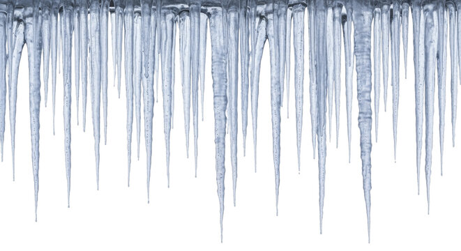 Many frosty icicles hanging, frozen winter ice formations on a transparent background, PNG image, PNG file