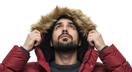 Young adult man in red puffer coat with fur-lined hood looking upwards on a transparent background, PNG image.