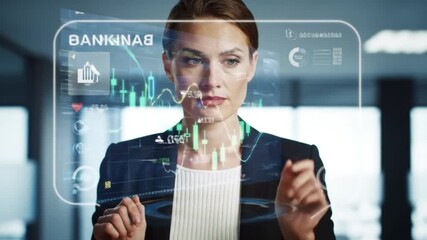 Businesswoman Interacting with Futuristic Holographic Banking Interface in Modern Office - Powered by Adobe