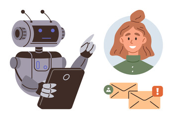 Robot using a tablet to handle messages, user profile analysis, new email notifications. Ideal for AI, automation, customer support, technology, personalization innovation efficiency. Simple flat