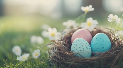 Obraz premium Colorful Easter eggs nestled in a nest among flowers on sunny spring day