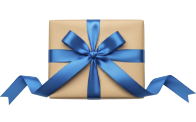 Brown kraft paper gift box with blue ribbon bow on a transparent background PNG image