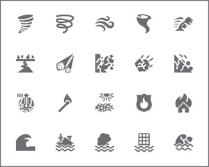 Set of disaster and storm Icons Solid style. Contains such Icons as fire, landslide, flood, drought, Natural Disaster, tornado, lighting, fog, forest fire, tsunami, hurricane And Other Elements.