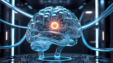Transparent brain model with glowing neural network in futuristic lab environment