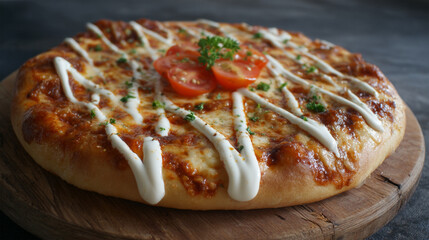 Cheese pizza with mayonnaise and tomato topping

