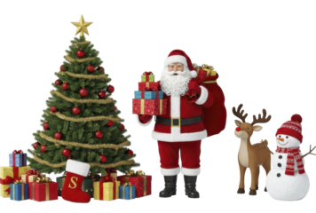 Santa Claus delivering multiple gifts with a festive decorated Christmas tree, cheerful snowman, and reindeer on a transparent background, PNG image.