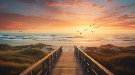 Wooden path to beach at sunset view
