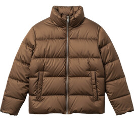 Brown Puffer Jacket on a transparent background, insulated winter outerwear PNG image with high collar, zipped apparel PNG file