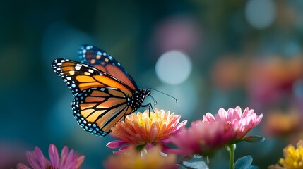 Monarch butterfly resting on colorful flower surrounded by blurred floral background
