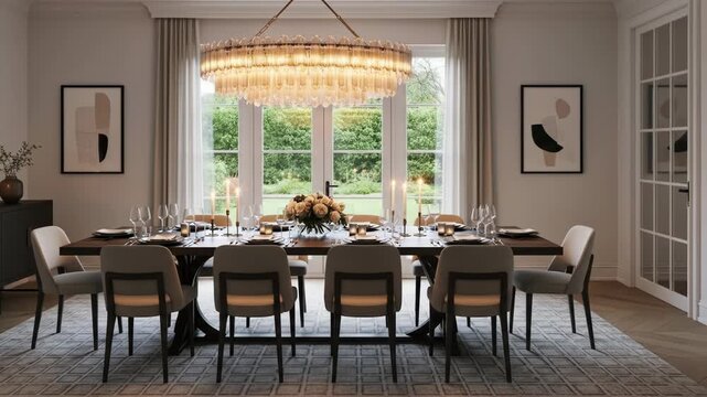 Elegant dining room features a long table set for a meal, chandelier and large window
