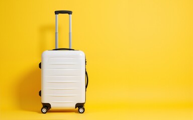 Obraz premium White luggage bag isolated on yellow banner background with copy space for advertisement.. High quality