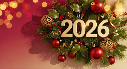 Golden Christmas Wreath with 2026 New Year Celebration. Elegant 2026 typography surrounded by festive Christmas wreath and ornaments on a warm golden background.