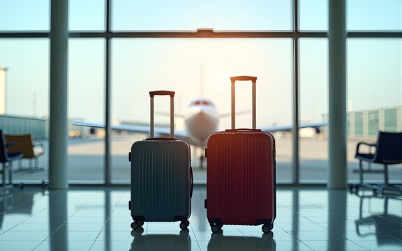 Two suitcases at forefront of airport terminal, luggage that stands ready for travel on airplane prepares for takeoff background, airport terminal, global tourism, travel blogs and advertisements