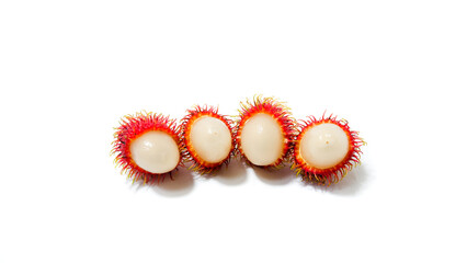 Fresh tropical rambutan fruits isolated on a white background. Close-up of peeled red hairy rambutan showing juicy white flesh inside