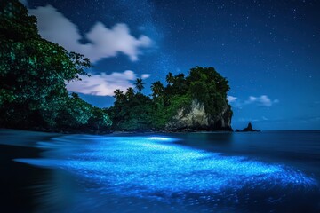 Fototapeta premium Nocturnal beach scene with bioluminescent organisms.