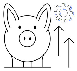 Piggy bank with upward arrows and a gear symbol, combining savings, growth, and planning themes. Ideal for finance, investment, planning, economic growth, personal budgeting business strategy