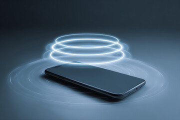 Futuristic smartphone with glowing power fields, wireless charging concept, sleek modern technology for mobile connectivity and digital lifestyle