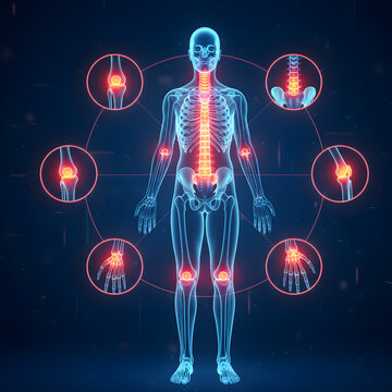 Anatomical illustration of the human skeletal system with highlighted joints and pain points, showcasing potential areas of discomfort and injury in a futuristic medical context