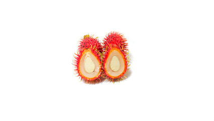 Two Rambutan Fruits Cut in Half Isolated on White Background