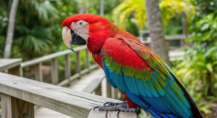 Obraz premium Vibrant Scarlet Macaw Perched on Wooden Railing with Lush Green Background