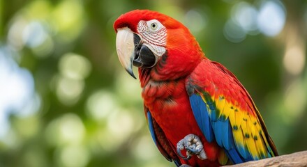 Obraz premium Vibrant Scarlet Macaw Portrait: Striking Plumage Against Soft Green Bokeh Background