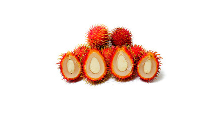 Group of Rambutan Fruits Cut in Half Isolated on White Background